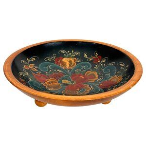 Vintage 1995 Tole Hand Painted Wooden Bowl Floral Design On Black Footed Base